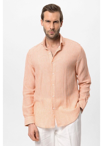 Oranj Çizgili Erkek Gömlek