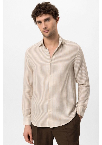 Bej Çizgili Erkek Gömlek