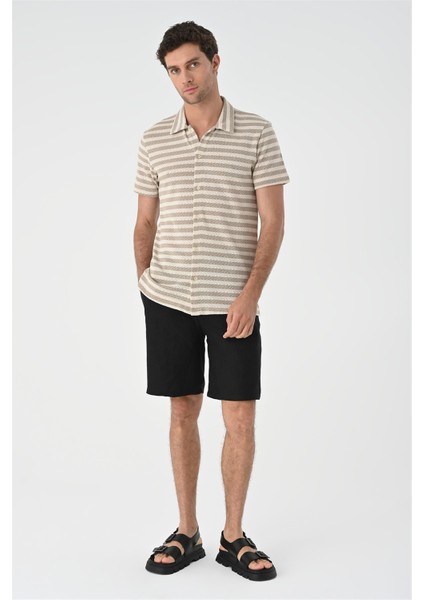 Bej Kısa Kollu Çizgili Erkek Triko Gömlek fiyatları