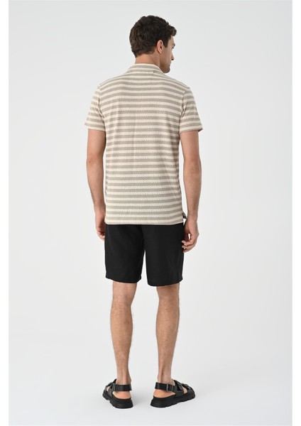 Bej Kısa Kollu Çizgili Erkek Triko Gömlek indirimleri