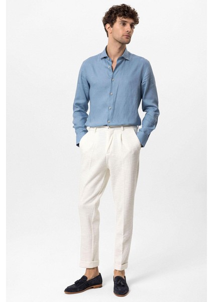 Bebe Mavi Yaka Düğme Detaylı %100 Keten Erkek Gömlek modelleri