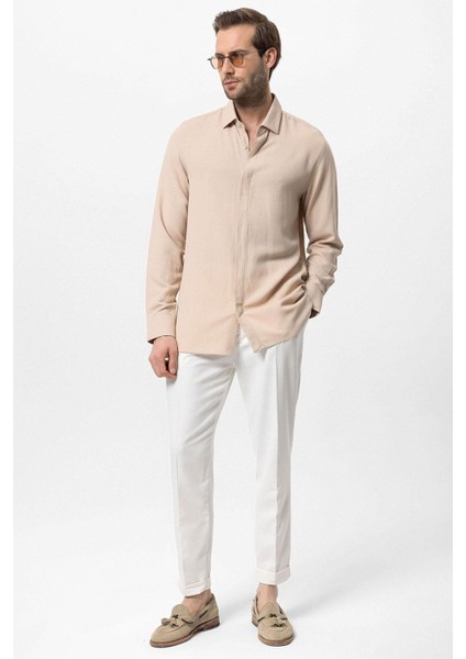 Bej Gizli Düğme Keten Karışımlı Erkek Gömlek