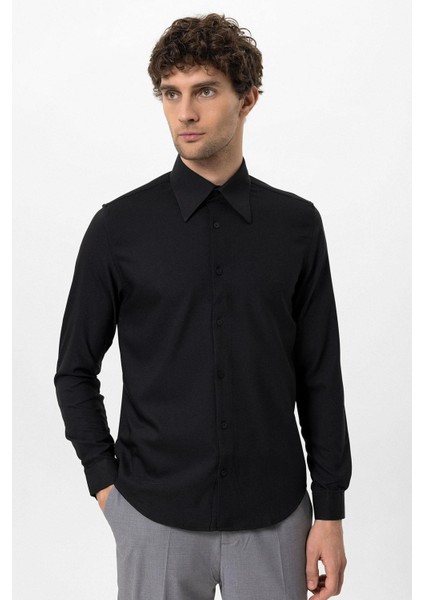 Siyah Slim Fit Erkek Uzun Kollu Geniş Yaka Gömlek fiyatları