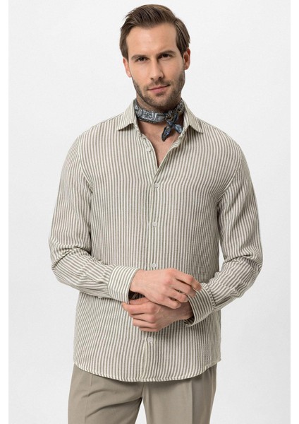 Haki Çizgili Erkek Gömlek