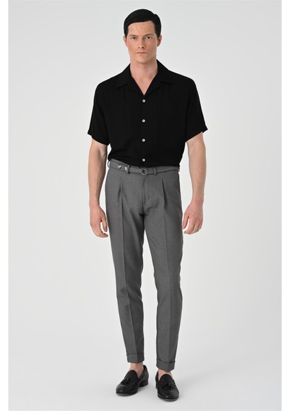 Siyah Apaş Yaka Oversize Kısa Kollu Erkek Gömlek