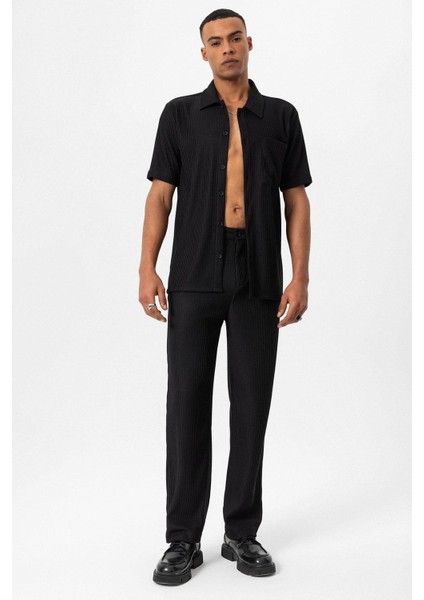 Siyah Fitilli Kısa Kollu Erkek Gömlek