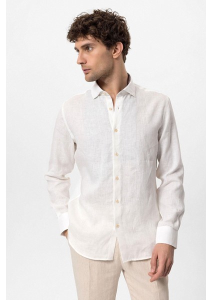 Beyaz Yaka Düğme Detaylı %100 Keten Erkek Gömlek fiyatları