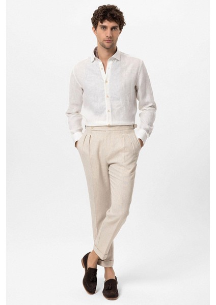 Beyaz Yaka Düğme Detaylı %100 Keten Erkek Gömlek modelleri