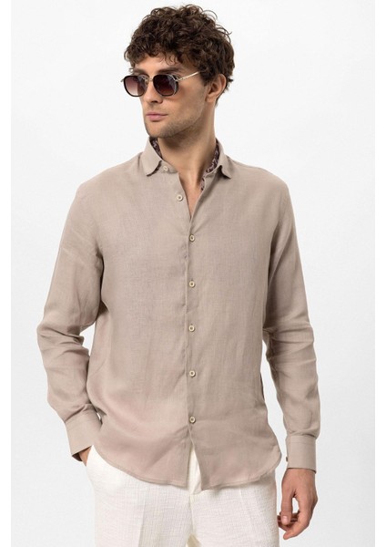 Bej Yaka Düğme Detaylı %100 Keten Erkek Gömlek fiyatları