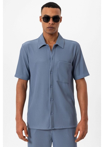 Indigo Fitilli Kısa Kollu Erkek Gömlek
