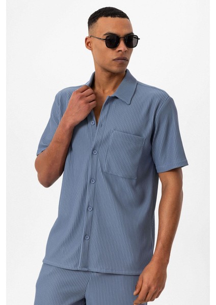Indigo Fitilli Kısa Kollu Erkek Gömlek modelleri