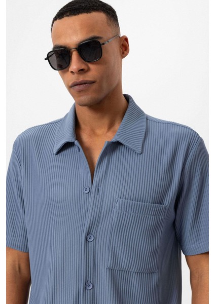 Indigo Fitilli Kısa Kollu Erkek Gömlek fırsatları