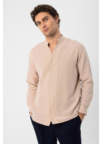 Bej Hakim Yaka Uzun Kollu Erkek Gömlek modelleri