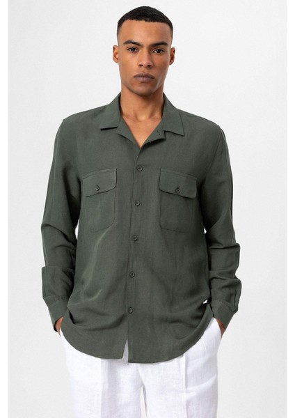 Haki Apaş Yaka Keten Karışımlı Uzun Kollu Erkek Gömlek