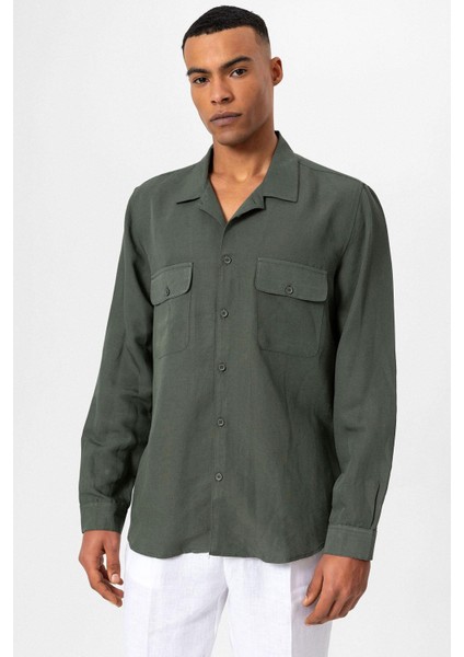 Haki Apaş Yaka Keten Karışımlı Uzun Kollu Erkek Gömlek modelleri