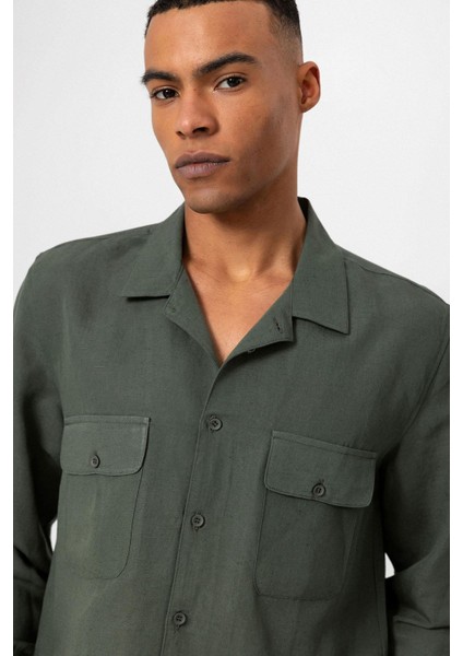 Haki Apaş Yaka Keten Karışımlı Uzun Kollu Erkek Gömlek fırsatları