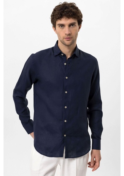 Lacivert Yaka Düğme Detaylı %100 Keten Erkek Gömlek fiyatları