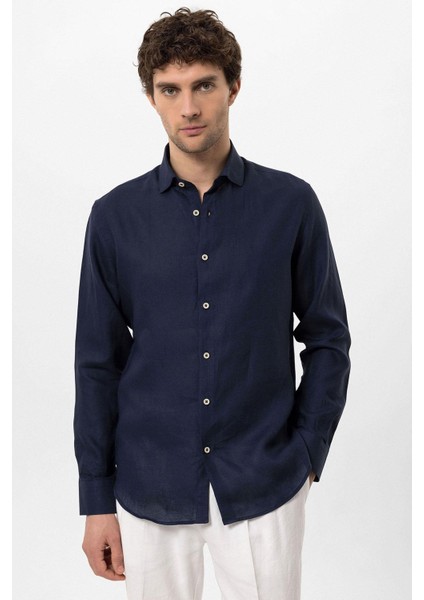Lacivert Yaka Düğme Detaylı %100 Keten Erkek Gömlek modelleri