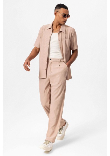 Bej Fitilli Kısa Kollu Erkek Gömlek