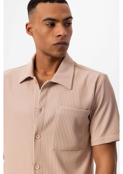 Bej Fitilli Kısa Kollu Erkek Gömlek