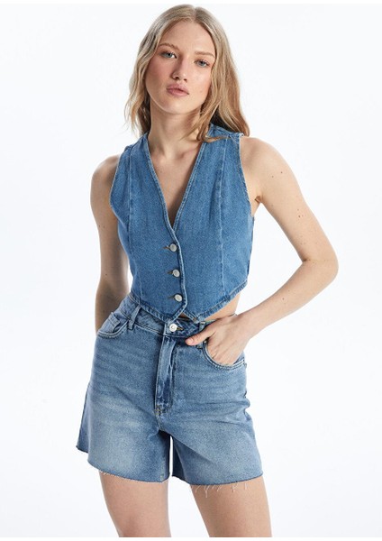 Xsıde Kadın V Yaka Düz Jean Yelek