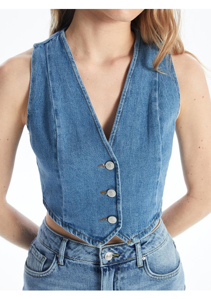 Xsıde Kadın V Yaka Düz Jean Yelek modelleri