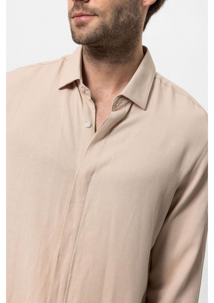 Bej Gizli Düğme Keten Karışımlı Erkek Gömlek indirimleri