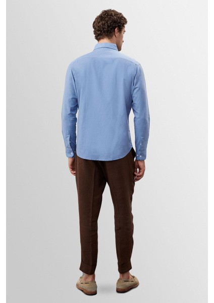 Koyu Mavi Yaka Düğme Detaylı %100 Keten Erkek Gömlek indirimleri
