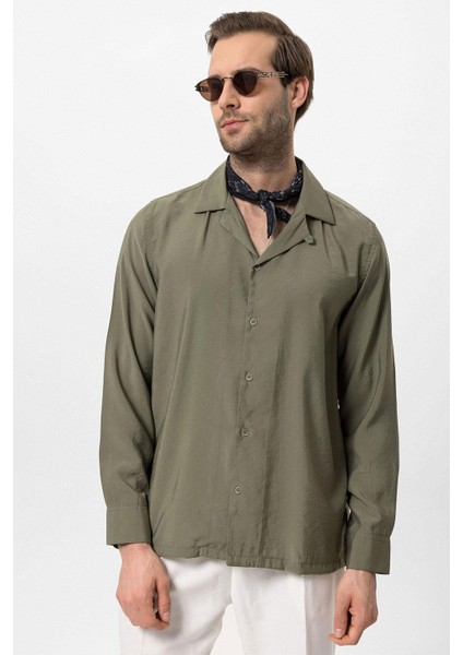 Haki Apaş Yaka Uzun Kollu Erkek Gömlek