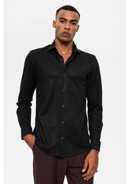 Siyah Slim Fit Dokuma Erkek Gömlek