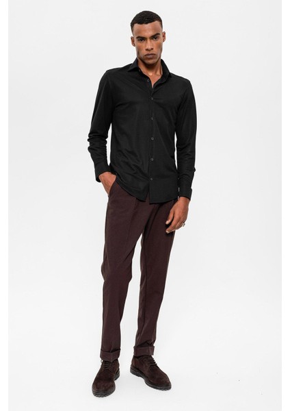 Siyah Slim Fit Dokuma Erkek Gömlek