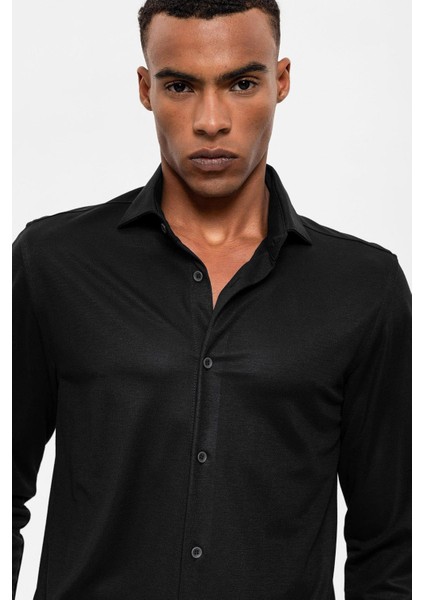 Siyah Slim Fit Dokuma Erkek Gömlek