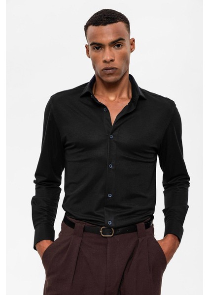 Siyah Slim Fit Dokuma Erkek Gömlek