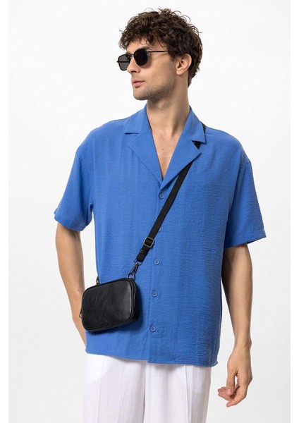 Saks Apaş Yaka Oversize Kısa Kollu Erkek Gömlek