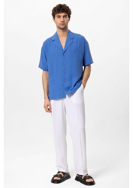 Saks Apaş Yaka Oversize Kısa Kollu Erkek Gömlek modelleri
