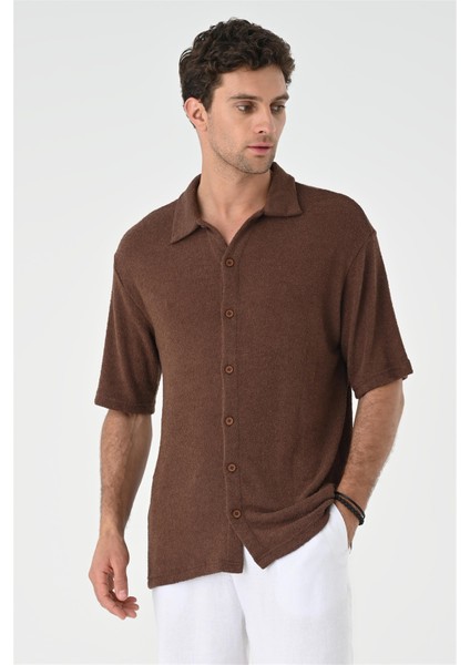 Kahve Relax Fit Triko Erkek Gömlek modelleri