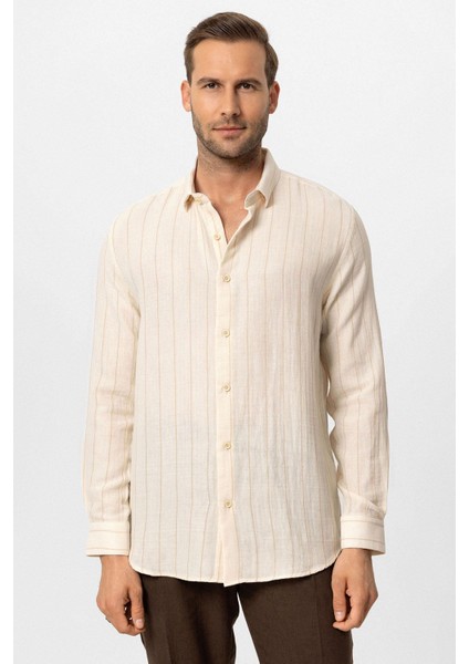 Bej Slim Fit Çizgili Erkek Gömlek