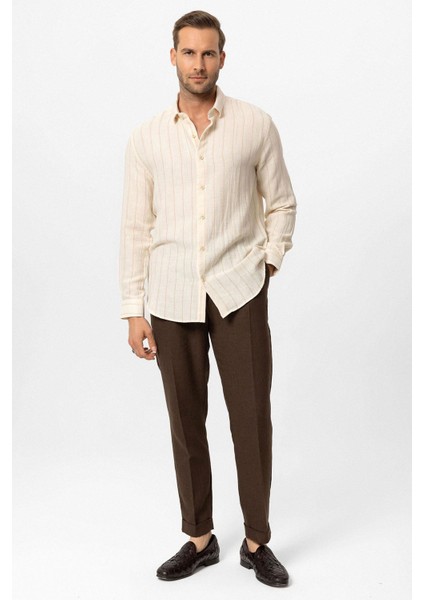 Bej Slim Fit Çizgili Erkek Gömlek modelleri