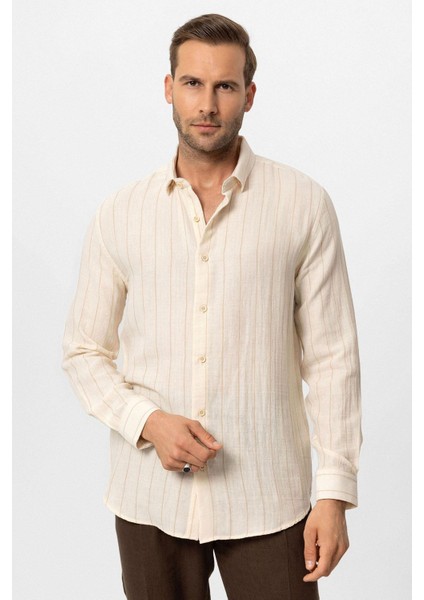 Bej Slim Fit Çizgili Erkek Gömlek fırsatları