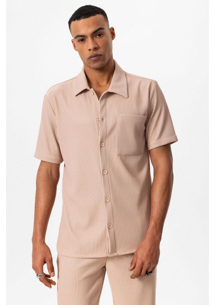 Bej Fitilli Kısa Kollu Erkek Gömlek