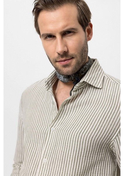 Haki Çizgili Erkek Gömlek indirimleri