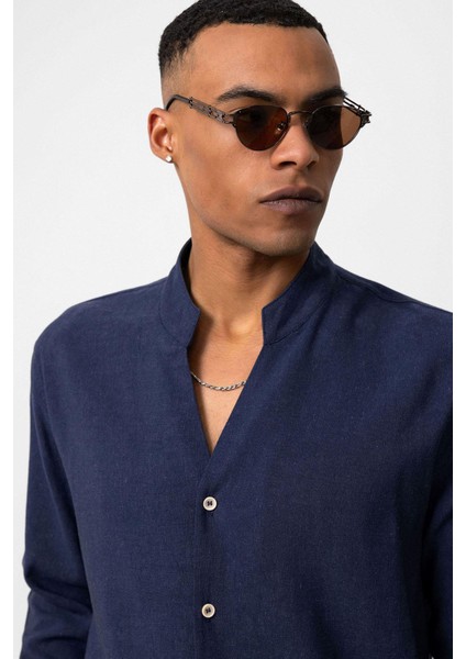 Lacivert Hakim Yaka Uzun Kollu Erkek Gömlek