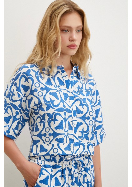 Kısa Kollu Crop Gömlek Mavi