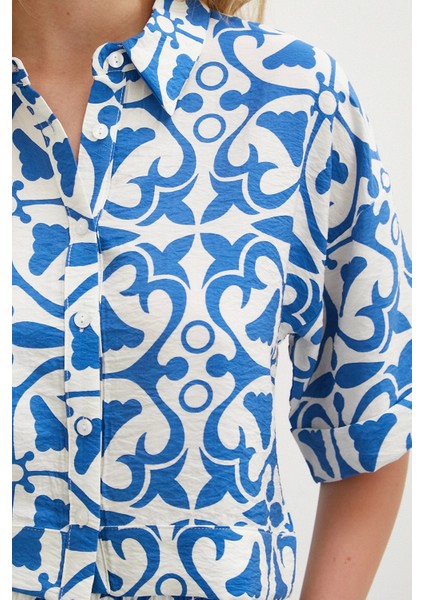 Kısa Kollu Crop Gömlek Mavi indirimleri