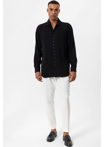 Siyah Regular Fit Apaş Yaka Erkek Gömlek modelleri