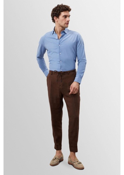 Mavi Yaka Düğme Detaylı %100 Keten Erkek Gömlek