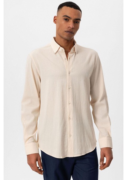 Ekru Dokulu Regular Fit Erkek Gömlek