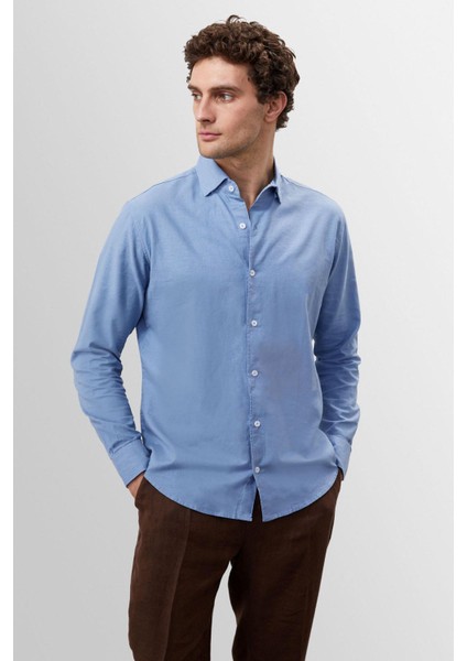 Mavi Yaka Düğme Detaylı %100 Keten Erkek Gömlek fırsatları