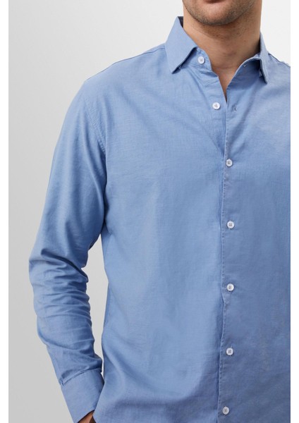 Mavi Yaka Düğme Detaylı %100 Keten Erkek Gömlek indirimleri