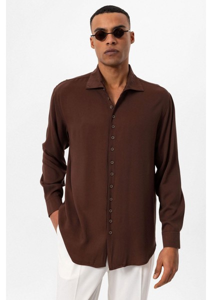Kahve Regular Fit Apaş Yaka Erkek Gömlek